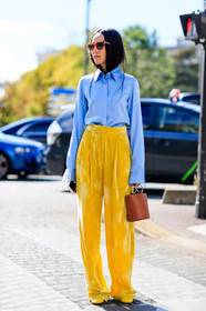 blue shirt, brown bag, fashion week, frenchystyle, full length, FW, jonathan paciullo, leather bag, PARIS, PFW, SPRING SUMMER 2017, SS 17, street style, sunglasses, trousers, velvet, vertical, yellow pants, yoyo cao