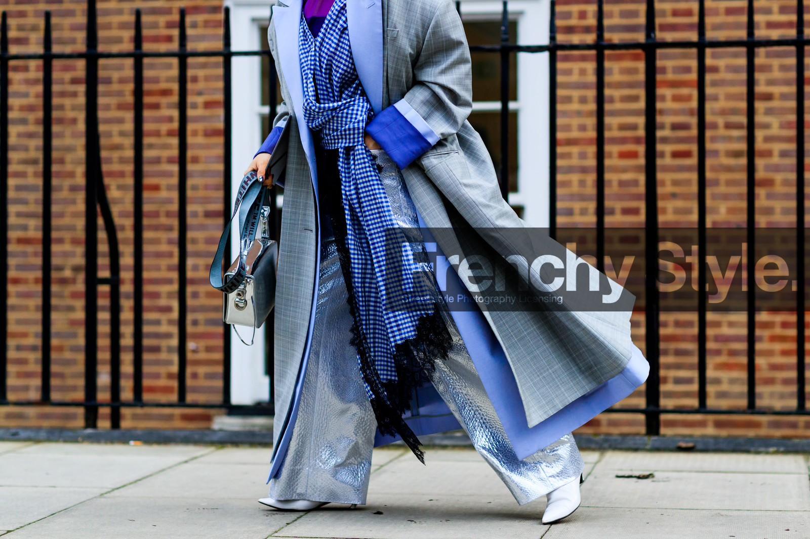 blue dress, gingham, graphic dress, grey coat, high heels, leather bag, leather pants, leather shoes, off white, printed dress, purple top, shiny pants, silver bag, silver pants, trousers, white shoes, street style, jonathan paciullo, FW, frenchystyle, fashion week, LFW, LONDON, AUTUMN WINTER 2018-2019, AW 18-19, FALL WINTER 2018-2019, FW 18-19, horizontal, atmosphere details, detail, maiko shibata