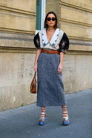 geraldine boublil, grey skirt, black skirt, white skirt, herringbone printed skirt, long skirt, camel leather bag, camel socks, white socks, striped socks, striped shoes, silvered sandals, silvered shoes, blue sandals, blue shoes, platform sandals, platform shoes, high heels sandals, high heels shoes, miu miu bag, miu miu skirt, miu miu shoes, miu miu socks, miu miu shirt, camel leather belt, belted skirt, short sleeves shirt, black shirt, white shirt, low necked shirt, strassed shirt, floral embroidered collar, lace collar, golden earrings, golden necklace, diamond earrings, hoop earrings, long necklace, floral embroidered shirt, fashion week, frenchystyle, FW, jonathan paciullo, street style, PFW, PARIS, vertical, full length