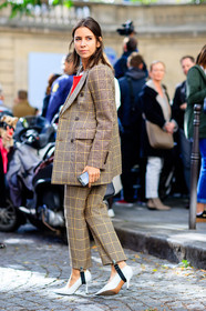 balenciaga, bold shoulders, brown jacket, brown pants, brown suit, checked jacket, checked pants, checked suit, fashion week, frenchystyle, full length, FW, graphic jacket, graphic pants, high heels, jonathan paciullo, leather shoes, natasha goldenberg, PARIS, PFW, plaid, printed jacket, printed pants, printed suit, SPRING SUMMER 2017, SS 17, street style, tartan, trousers, vertical, white shoes