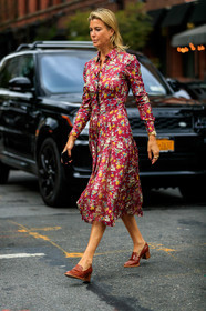 brown shoes, floral, flowers, graphic dress, high heels, leather shoes, multicolor dress, printed dress, red dress, rings, watch, street style, jonathan paciullo, FW, frenchystyle, fashion week, NEW YORK, NYFW, SPRING SUMMER 2020, SS 20, vertical, full length