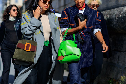 atmosphere details, detail, fashion week, frenchystyle, FW, green bag, grey coat, horizontal, jonathan paciullo, leather bag, margaret zhang, navy jacket, PARIS, PFW, printed jacket, SPRING SUMMER 2017, SS 17, street style, striped jacket, suede bag, sunglasses, tamu mcpherson, trousers