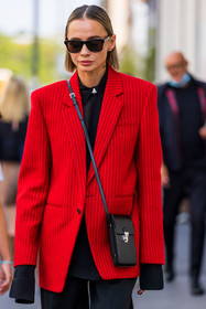 black bag, black pants, black shirt, black sunglasses, blazer, fluid pants, red blazer, saint laurent bag, small bag, striped blazer, stripes, sunglasses, thin stripes, fashion week, frenchystyle, FW, jonathan paciullo, street style, MFW, MILAN, SPRING SUMMER 2022, SS 22, vertical, atmosphere details, detail