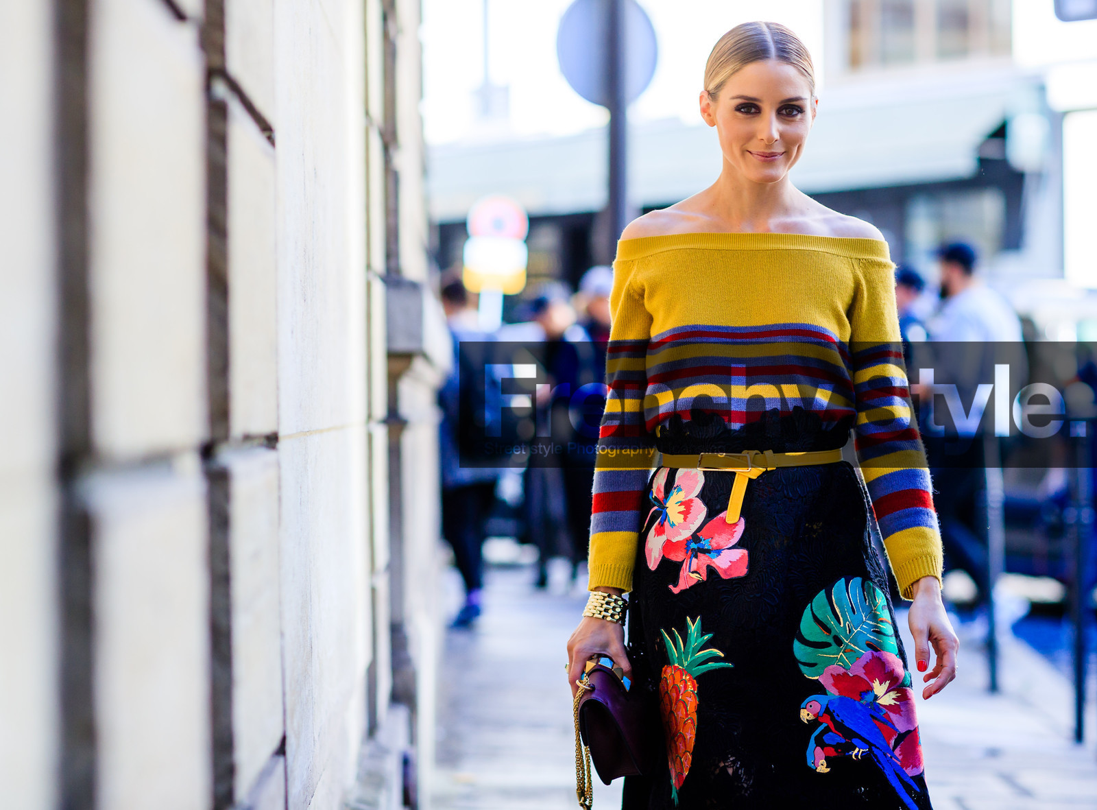 atmosphere details, black skirt, detail, fashion week, floral, flower, frenchystyle, FW, graphic sweater, horizontal, jonathan paciullo, leather bag, olivia palermo, PARIS, PFW, printed skirt, printed sweater, SPRING SUMMER 2017, SS 17, street style, striped sweater, stripes, valentino, yellow belt, yellow sweater