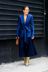 animal print, beige boots, blue jacket, blue skirt, brown bag, high boots, high heels, leather bag, leather shoes, Lucy Chadwick, snake print, sunglasses, street style, jonathan paciullo, FW, frenchystyle, fashion week, NEW YORK, NYFW, SPRING SUMMER 2020, SS 20, vertical, full length