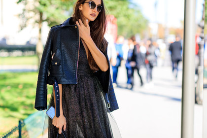 atmosphere details, black jacket, black perfecto, detail, fashion week, frenchystyle, FW, green dress, horizontal, jonathan paciullo, leather jacket, leather perfecto, over the shoulder, PARIS, PFW, Sara Nicole Rossetto, shiny dress, SPRING SUMMER 2017, SS 17, street style, sunglasses