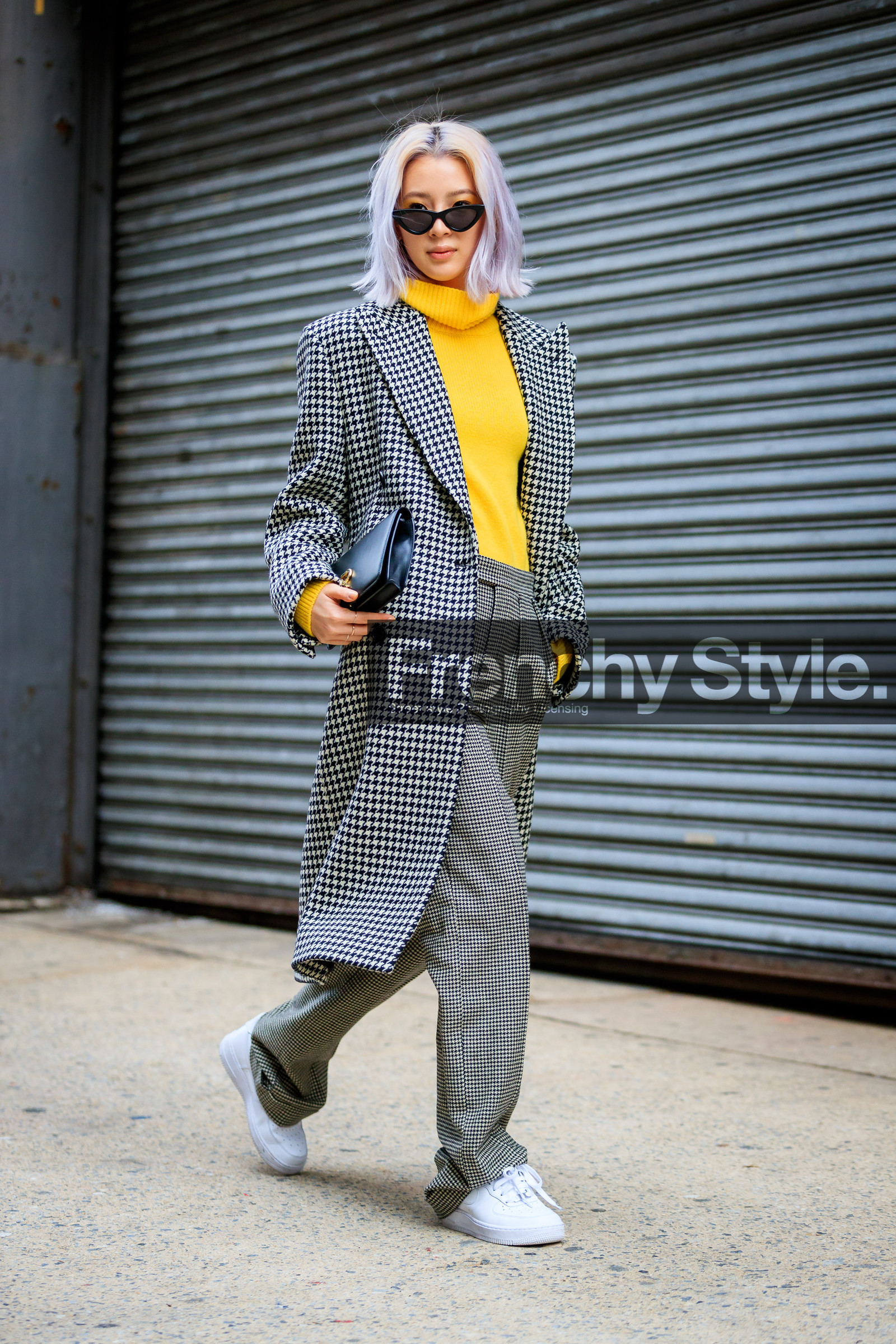 black and white, black bag, checked, graphic jacket, grey pants, houndstooth pattern, leather bag, leather shoes, plaid, printed jacket, sunglasses, trousers, white shoes, yellow sweater, street style, jonathan paciullo, FW, frenchystyle, fashion week, NYFW, NEW YORK, AUTUMN WINTER 2018-2019, AW 18-19, FALL WINTER 2018-2019, FW 18-19, vertical, full length, irene kim