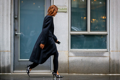 balenciaga, black coat, black pants, black shoes, floral, flowers, high heels, leather shoes, printed shoes, tone on tone, total look black, trousers, street style, jonathan paciullo, FW, frenchystyle, fashion week, NYFW, NEW YORK, AUTUMN WINTER 2018-2019, AW 18-19, FALL WINTER 2018-2019, FW 18-19, atmosphere details, horizontal, full length, Christine Centenera