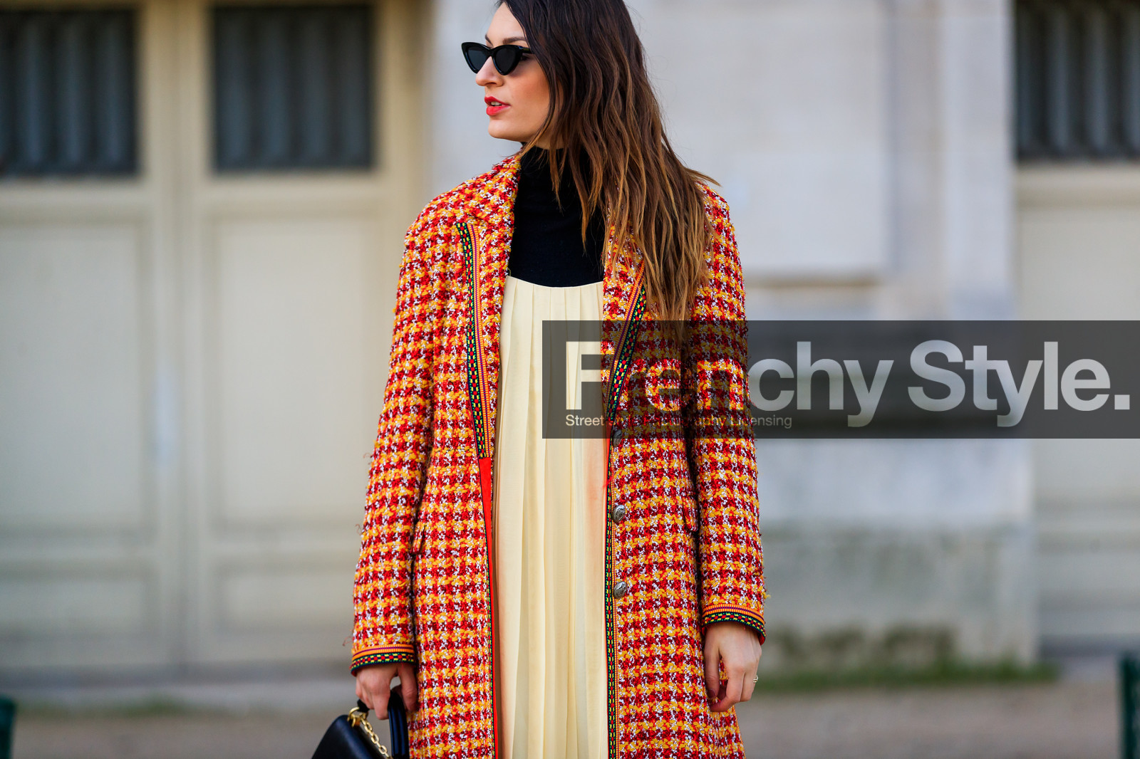black turtleneck, checked, graphic jacket, houndstooth pattern, plaid, printed jacket, red coat, sunglasses, yellow dress, street style, jonathan paciullo, FW, frenchystyle, fashion week, PFW, PARIS, AUTUMN WINTER 2018-2019, FALL WINTER 2018-2019, FW 18-19, horizontal, atmosphere details