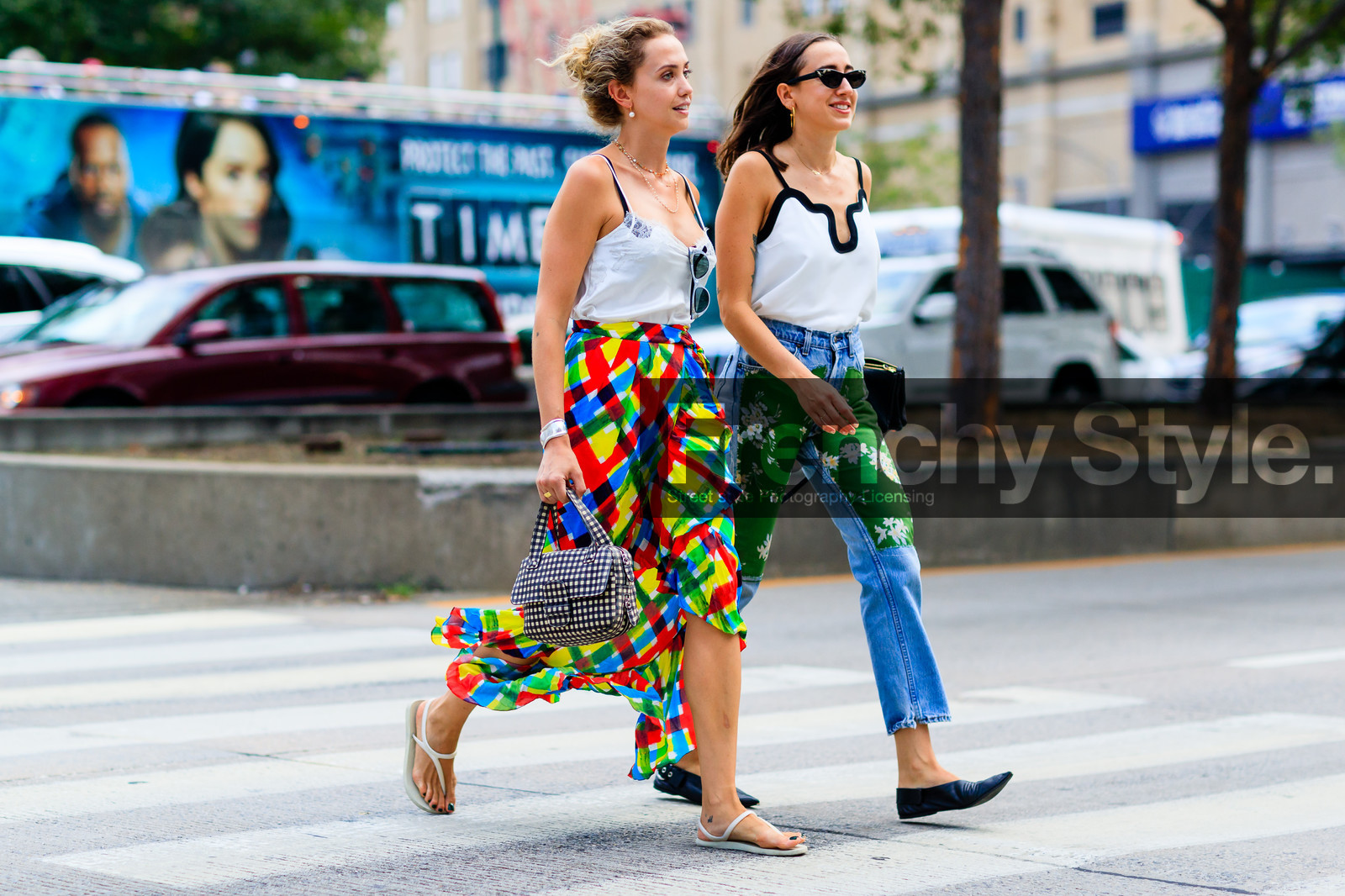 atmosphere details, ballerinas, black and white bag, black shoes, blue denim, bone bracelet, checked bag, checked skirt, denim pants, embroidered jeans, fashion week, floral, flower, fluo, frenchystyle, full length, FW, gingham, graphic bag, graphic skirt, horizontal, jeans, jonathan paciullo, leather shoes, multicolor skirt, NEW YORK, nude sandals, nude top, NYFW, plaid, printed bag, printed skirt, SPRING SUMMER 2017, SS 17, street style, tiffany, trousers, white sandals, white tank top, woman