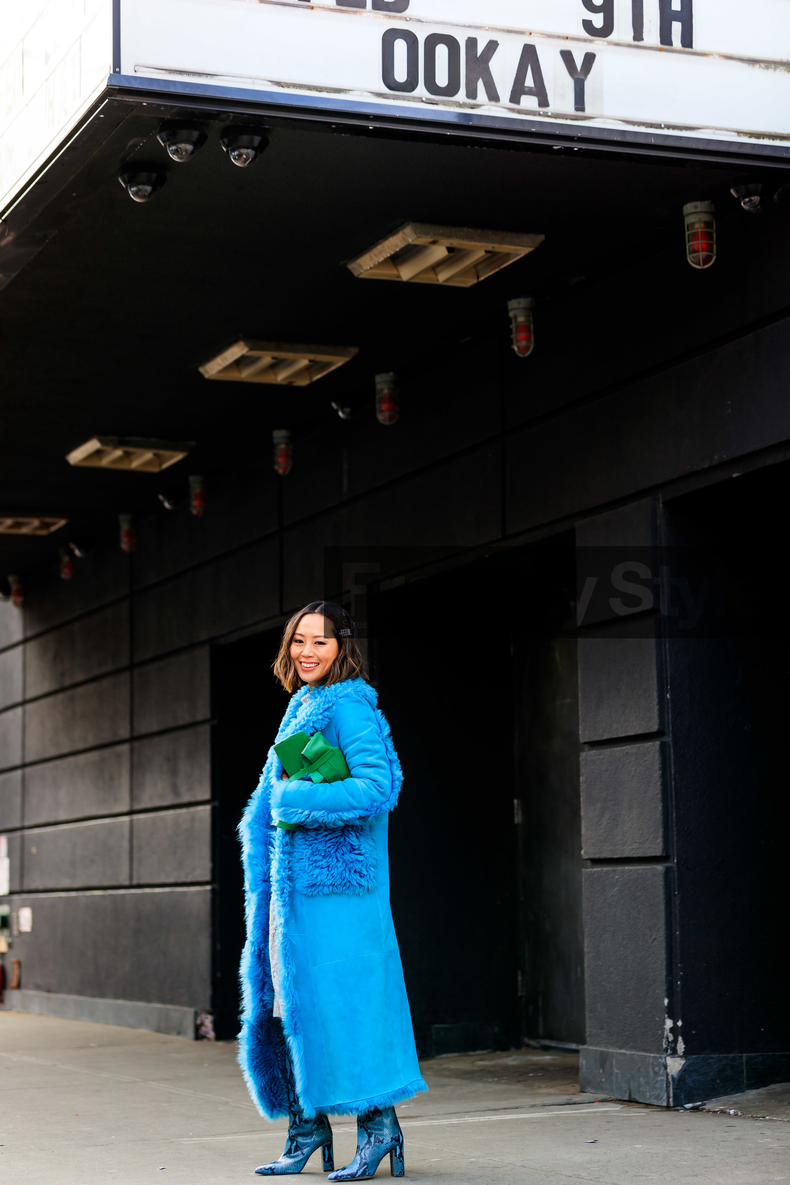aimee song, animal print, blue boots, blue coat, blue fur coat, green bag, hair clip, high heels, leather bag, leather shoes, snake print, street style, jonathan paciullo, frenchystyle, NYFW, NEW YORK, AUTUMN WINTER 2019-2020, AW 19-20, FALL WINTER 2019-2020, FW 19-20, fashion week, FW, vertical, full length