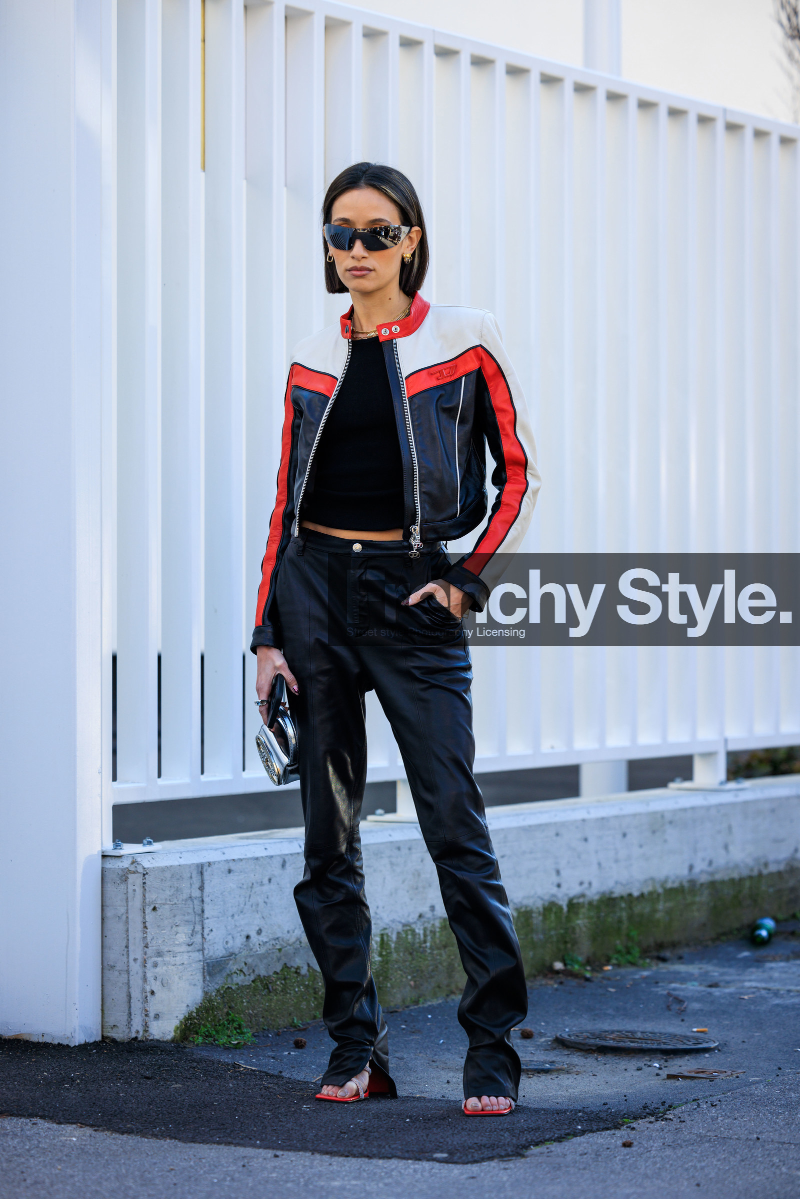 short leather jacket, dual toned jacket, biker jacket, black trousers, black leather pants, black pants, flared pants, red sandals, black top, mini diesel bag, silver diesel bag, alexandra guerain, fashion week, frenchystyle, FW, jonathan paciullo, street style, MFW, MILAN, FALL WINTER 2022_2023, AUTUMN WINTER 2022-2023, FW 22-23, vertical, full length