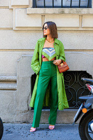 camila coelho, green total look, green pants, green trench coat, green scarf, ferragamo bag, ferragamo scarf, scarf top, silk scarf, brown leather bag, mini bag, hand bag, scale sunglasses, tailored pants, pink sandals, high heels sandals, open toe shoes, fashion week, frenchystyle, FW, jonathan paciullo, street style, vertical, full length, MFW, MILAN, SPRING SUMMER 2020, SS 20