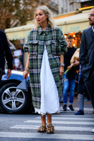 white dress, long dress, wrap dress, brocart dress, checked jacket, green jacket, long jacket, woolen jacket, birkenstock shoes, leopard printed shoes, flat slippers, fur slipers, rolex watch, silvered watch, saint laurent bag, black leather bag, hand bag, geometric bag, box bag, fashion week, frenchystyle, FW, jonathan paciullo, street style, SPRING SUMMER 2020, SS 20, PFW, PARIS, vertical, full length