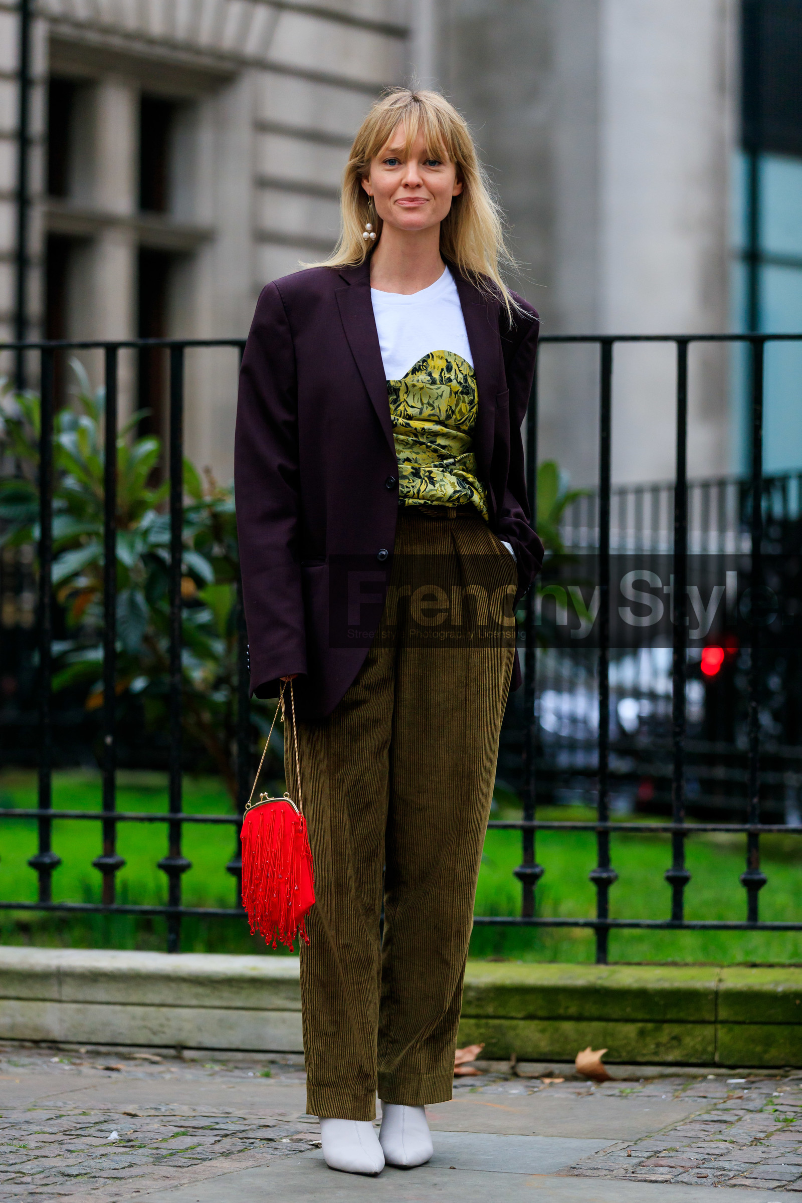 blazer, bordeaux, burgundy, bustier top, corduroy, earrings, fringes, green pants, jeanette madsen, leather bag, leather shoes, purple jacket, red bag, trousers, white boots, white t shirt, yellow top, LONDON, LFW, fashion week, frenchystyle, FW, jonathan paciullo, street style, AUTUMN WINTER 2019-2020, AW 19-20, FW 19-20, FALL WINTER 2019-2020, vertical, full length