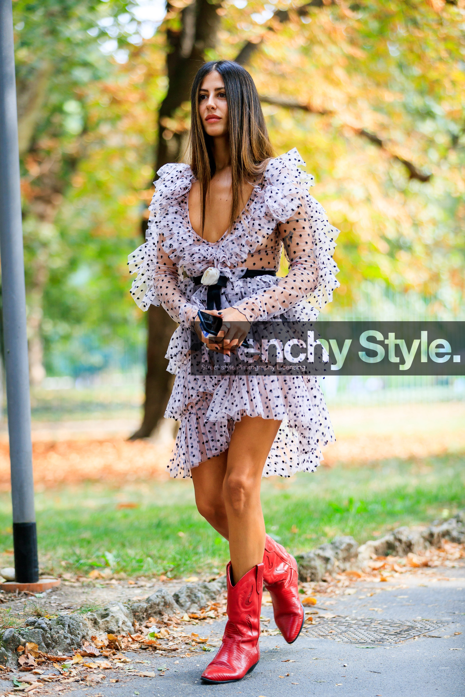 black belt, cowboy boots, gilda ambrosio, graphic dress, leather shoes, polka dot, printed dress, red boots, ruffles, white dress, street style, jonathan paciullo, FW, frenchystyle, fashion week, MFW, MILAN, SPRING SUMMER 2019, SS 19, vertical, full length