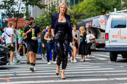 beige shoes, black pants, black tank top, blazer, candice lake, chanel, glitter, leather shoes, navy jacket, necklace, sequined pants, trousers, street style, jonathan paciullo, FW, frenchystyle, fashion week, NEW YORK, NYFW, SPRING SUMMER 2020, SS 20, horizontal, atmosphere details, full length