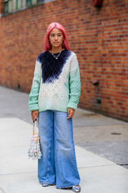 michelle li, pink hair, diy hair, tie and diy sweater, denim, jeans, large pants, street style, jonathan paciullo, FW, frenchystyle, fashion week, NEW YORK, NYFW, SPRING SUMMER 2020, SS 20, vertical, full length