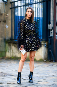 black dress, black shoes, feathers, golden details, graphic dress, high heels, leather bag, leather shoes, polka dot, printed dress, saint laurent paris, street style, jonathan paciullo, FW, frenchystyle, fashion week, PFW, PARIS, AUTUMN WINTER 2018-2019, FALL WINTER 2018-2019, FW 18-19, vertical, full length, camila coelho