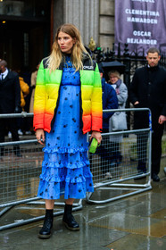 black shoes, blue dress, down jacket, dr martens, graphic jacket, leather bag, leather shoes, multicolor jacket, printed dress, printed jacket, ruffles, stripes, street style, jonathan paciullo, FW, frenchystyle, fashion week, LFW, LONDON, AUTUMN WINTER 2018-2019, AW 18-19, FALL WINTER 2018-2019, FW 18-19, vertical, full length, veronika heilbrunner