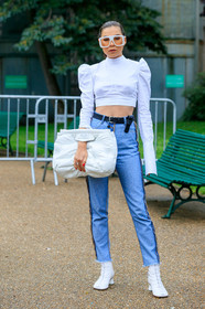 karina nigay, white sunglasses, white top, white leather clutch, square shape glasses, big glasses, balloon sleeves, corset top, cropped top, long sleeves top, quilted bag, black leather belt, denim, light blue jeans, margiela bag, high collar top, laced boots, kitten heels boots, fashion week, frenchystyle, FW, jonathan paciullo, street style, SPRING SUMMER 2020, SS 20, PFW, PARIS, vertical, full length