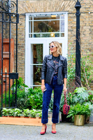adenorah, AUTUMN WINTER 2017-2018, AW 17-18, black jacket, black perfecto, black t shirt, blue denim, denim pants, FALL WINTER 2017-2018, fashion week, frenchystyle, full length, fun sunglasses, FW, FW 17-18, high heels, jeans, jonathan paciullo, leather bag, leather jacket, leather perfecto, leather shoes, LFW, LONDON, printed t shirt, red bag, red lips, red shoes, street style, suede shoes, sunglasses, trousers, vertical