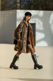 model, sora choi, black dress, black leather boots, black cap, suede cap, high boots, high heels boots, platform shoes, big sole boots, laced boots, leopard printed coat, fur coat, velvet coat, corduroy coat, mini dress, black tights, fashion week, frenchystyle, FW, jonathan paciullo, street style, PFW, PARIS, AUTUMN WINTER 2020-2021, FALL WINTER 2020-2021, FW 20-21, vertical, full length