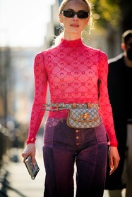 pink top, marine serre top, second skin top, gucci belt bag, gucci, purple jeans, denim pants, marine serre jeans, black sunglasses, close up, olga karput, street style, jonathan paciullo, FW, frenchystyle, fashion week, MFW, MILAN, FALL WINTER 2022_2023, AUTUMN WINTER 2022-2023, FW 22-23, vertical, atmosphere details