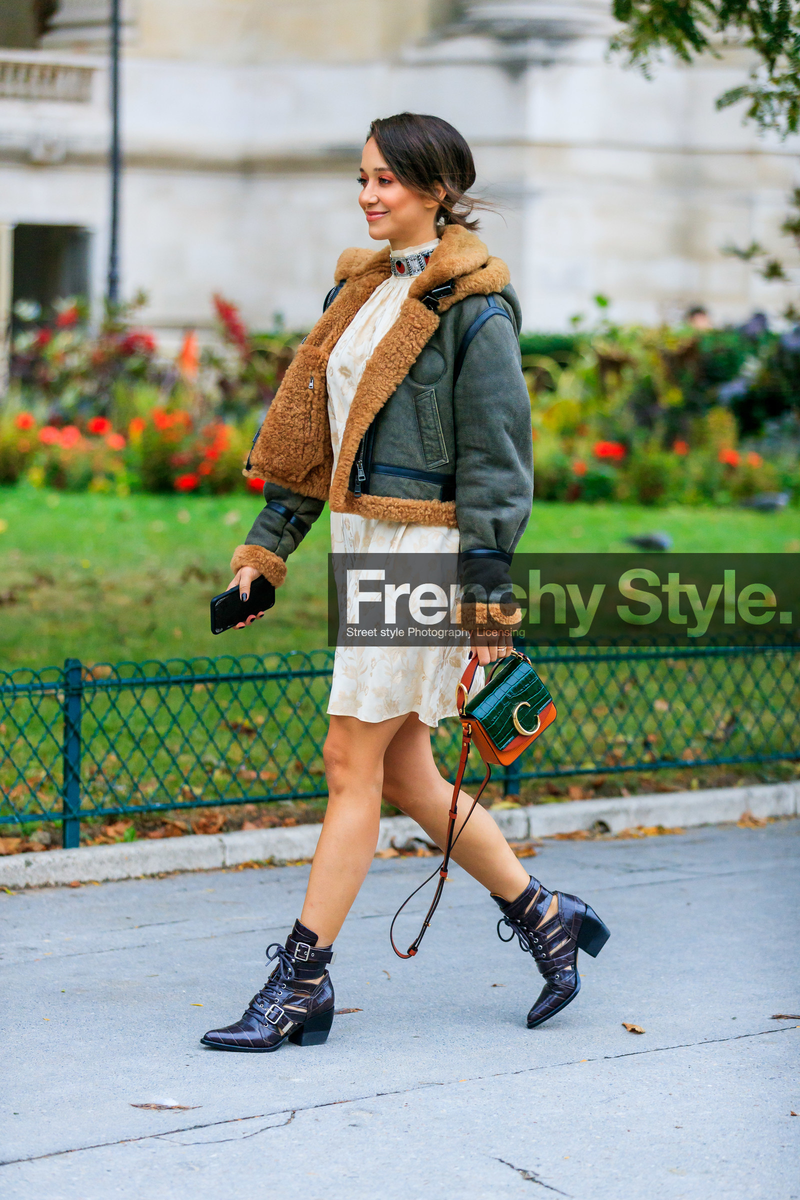 green leather jacket, green leather bombers, fur collar jacket, fur jacket, white dress, silk dress, high collar dress, strassed dress, brocart dress, mini dress, mini bag, chloe bag, golden buckle bag, green leather bag, camel leather bag, animal skin bag, animal skin boots, brown leather boots, multi buckle boots, laced boots, fashion week, frenchystyle, FW, jonathan paciullo, street style, SPRING SUMMER 2020, SS 20, PFW, PARIS, vertical, full length