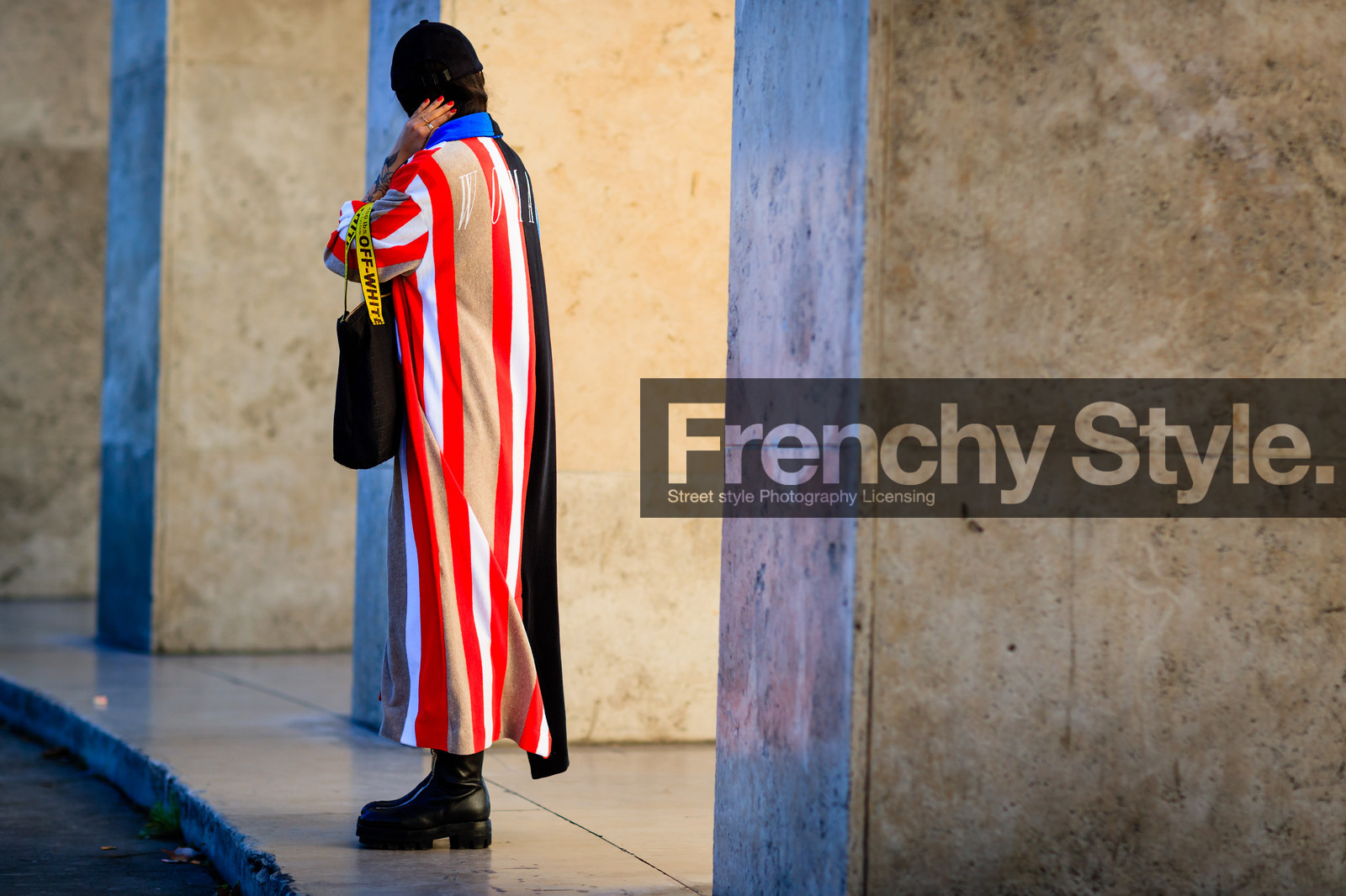 atmosphere details, back detail, black bag, black boots, black cap, christina paik, fashion week, frenchystyle, full length, FW, graphic coat, horizontal, jonathan paciullo, leather bag, leather shoes, off white, PARIS, PFW, printed coat, SPRING SUMMER 2017, SS 17, street style, striped coat