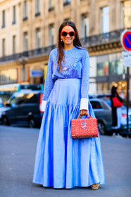 blue shirt, blue skirt, fashion week, frenchystyle, full length, FW, jonathan paciullo, laure heriard dubreuil, leather bag, PARIS, PFW, red bag, SPRING SUMMER 2017, SS 17, street style, striped shirt, sunglasses, vertical