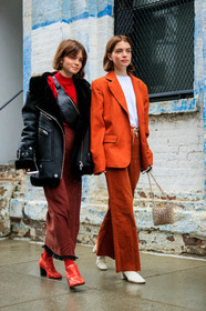 black jacket, corduroy, crocodile, fanny pack, fur collar, golden bag, graphic skirt, high heels, leather bag, leather jacket, leather shoes, metallic bag, orange jacket, orange pants, paco rabanne, printed skirt, red shoes, red skirt, red sweater, shearling, striped skirt, studs, trousers, white boots, white t-shirt, street style, jonathan paciullo, FW, frenchystyle, fashion week, NYFW, NEW YORK, AUTUMN WINTER 2018-2019, AW 18-19, FALL WINTER 2018-2019, FW 18-19, vertical, full length, molly and reese blustein