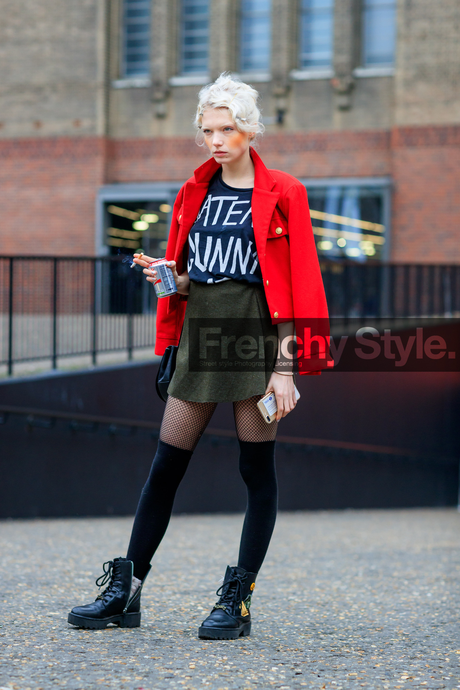 AUTUMN WINTER 2017-2018, AW 17-18, black boots, black shoes, black socks, black t shirt, FALL WINTER 2017-2018, fashion week, fishnet, frenchystyle, full length, FW, FW 17-18, green skirt, high socks, jonathan paciullo, leather shoes, LFW, LONDON, model, over the shoulder, printed t shirt, red jacket, street style, tights, vertical