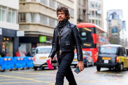 black denim, black jacket, black perfecto, black scarf, denim pants, jeans, leather jacket, leather perfecto, necklace, trousers, LONDON, LFW, fashion week, frenchystyle, FW, jonathan paciullo, street style, AUTUMN WINTER 2019-2020, AW 19-20, FW 19-20, FALL WINTER 2019-2020, horizontal, atmosphere details, detail