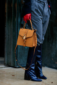 doina ciobanu, high boots, high heels boots, animal skin boots, navy blue leather boots, dark grey pants, carrot pants, red gloves, camel leather bag, chloe bag, animal skin bag, striped pants, fashion week, frenchystyle, FW, jonathan paciullo, street style, SPRING SUMMER 2020, SS 20, PFW, PARIS, vertical, atmosphere details, detail