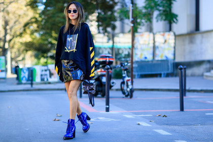 aimee song, atmosphere details, black skirt, black sweater, blue boots, brown bag, fashion week, frenchystyle, full length, FW, high heels, horizontal, jonathan paciullo, leather shoes, leather skirt, louis vuitton, monogram, off white, PARIS, PFW, printed bag, printed sweater, SPRING SUMMER 2017, SS 17, street style, striped sweater, sunglasses