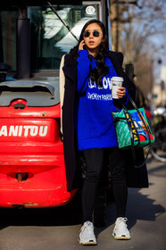 balenciaga, black coat, black leggings, blue sweater, graphic bag, green bag, leather bag, leather shoes, over the shoulder, printed bag, sunglasses, trousers, white sneakers, street style, jonathan paciullo, FW, frenchystyle, fashion week, PFW, PARIS, AUTUMN WINTER 2018-2019, FALL WINTER 2018-2019, FW 18-19, vertical, full length, yuyu zhangzou, yuwei zhangzou