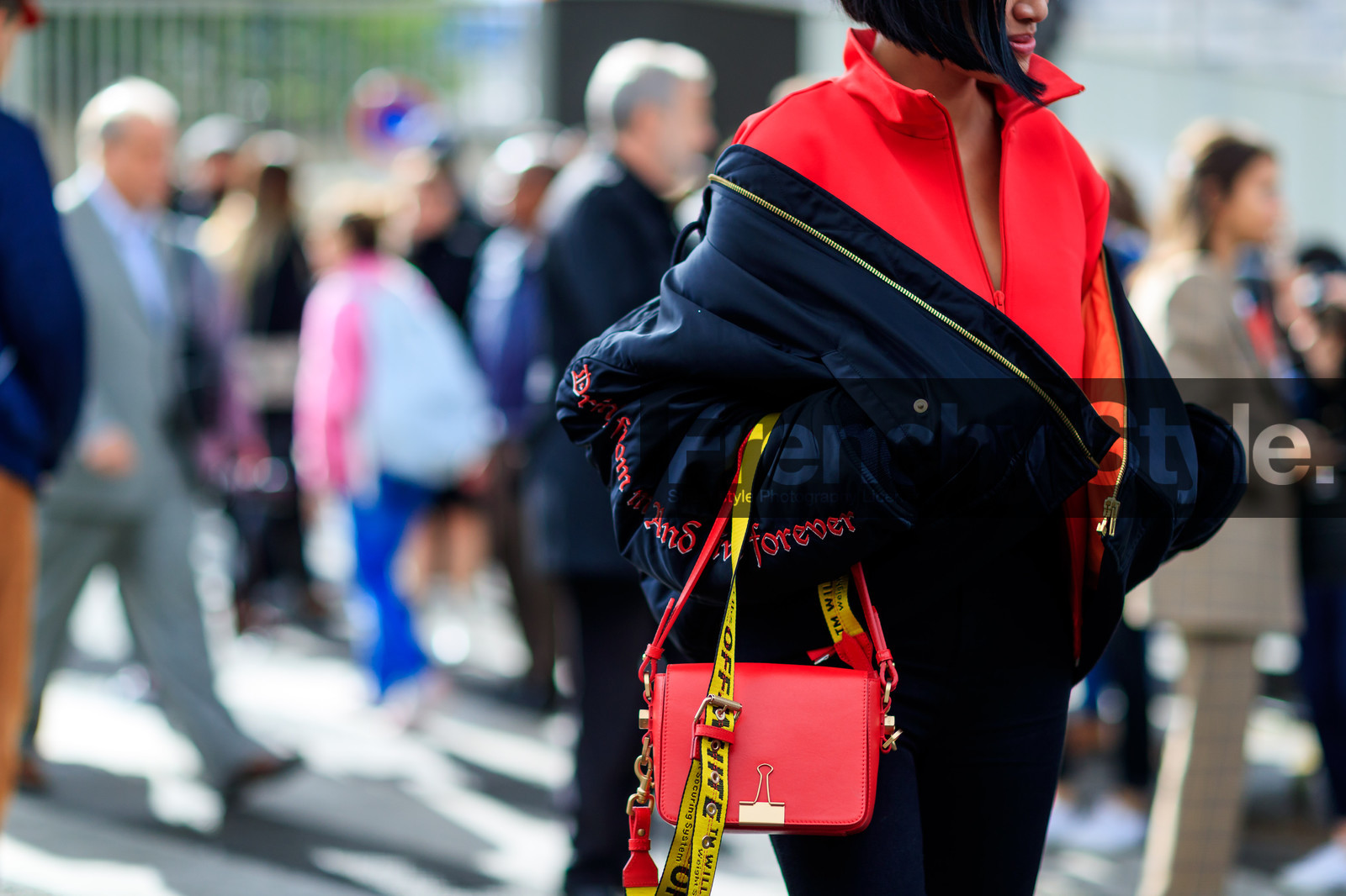 atmosphere details, black denim, black jacket, black pants, bomber jacket, detail, fashion week, frenchystyle, FW, horizontal, jonathan paciullo, off the shoulder, off white, PARIS, PFW, red bag, red sweater, SPRING SUMMER 2017, SS 17, street style, trousers, vêtements