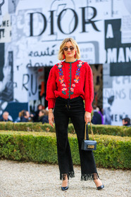 black bag, black pants, black shoes, christian dior, earrings, embroidered sweater, floral, flowers, fringes, high heels, leather bag, leather pants, leather shoes, red knit, red sweater, sunglasses, trousers, fashion week, frenchystyle, FW, jonathan paciullo, street style, PFW, PARIS, AUTUMN WINTER 2018-2019, FALL WINTER 2018-2019, FW 18-19, vertical, full length