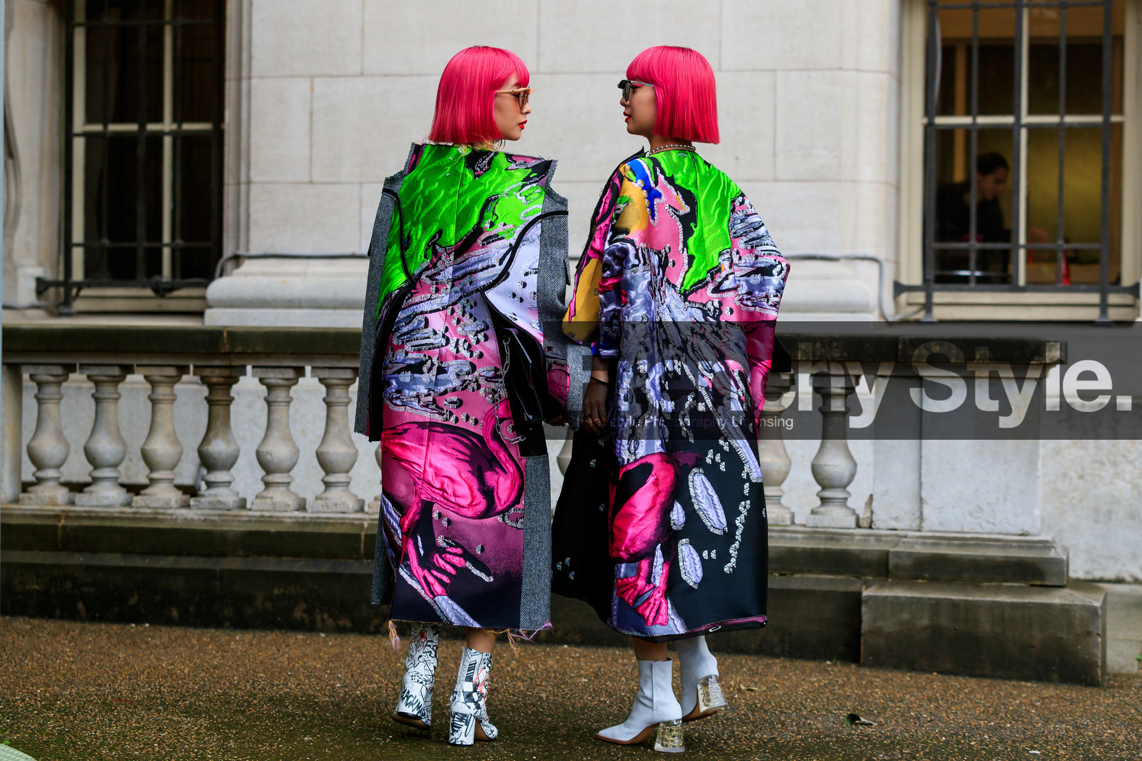 Ami and Aya Suzuki, margiela sunglasses, margiela dress, margiela boots, margiela bag, pink hair, dyed hair, back details, low boots, high heels boots, white leather boots, camel toe margiela boots, printed boots, sheer heels, pink dress, neon green dress, black dress, light grey dress, oversize dress, long dress, asymmetrical dress, embroidered dress, patchwork dress, margiela look, round shape heels, fashion week, frenchystyle, FW, jonathan paciullo, street style, SPRING SUMMER 2020, SS 20, PFW, PARIS, horizontal, atmosphere details, full length