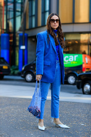 blazer, blue bag, blue denim, blue jacket, blue top, denim pants, fishnet, high heels, jeans, leather shoes, sunglasses, trousers, white shoes, street style, jonathan paciullo, FW, frenchystyle, fashion week, LFW, LONDON, AUTUMN WINTER 2018-2019, AW 18-19, FALL WINTER 2018-2019, FW 18-19, vertical, full length, erika boldrin