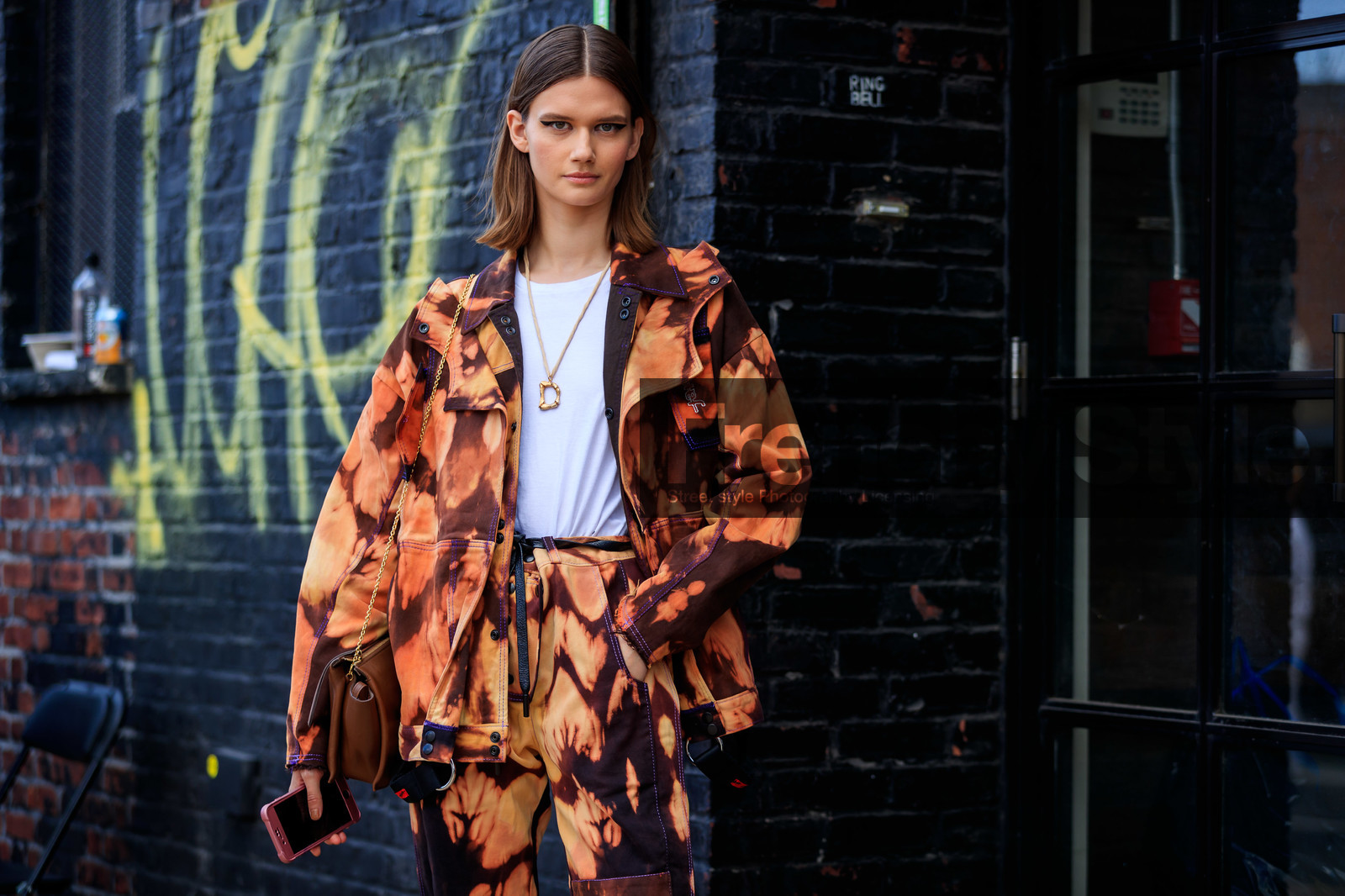 brown bag, brown jacket, brown pants, camo jacket, camo pants, céline, Daniela Kocianova, eyeliner, graphic jacket, graphic pants, leather bag, model, necklace, printed jacket, printed pants, trousers, white t shirt, street style, jonathan paciullo, FW, frenchystyle, fashion week, NEW YORK, NYFW, SPRING SUMMER 2020, SS 20, horizontal, atmosphere details, detail