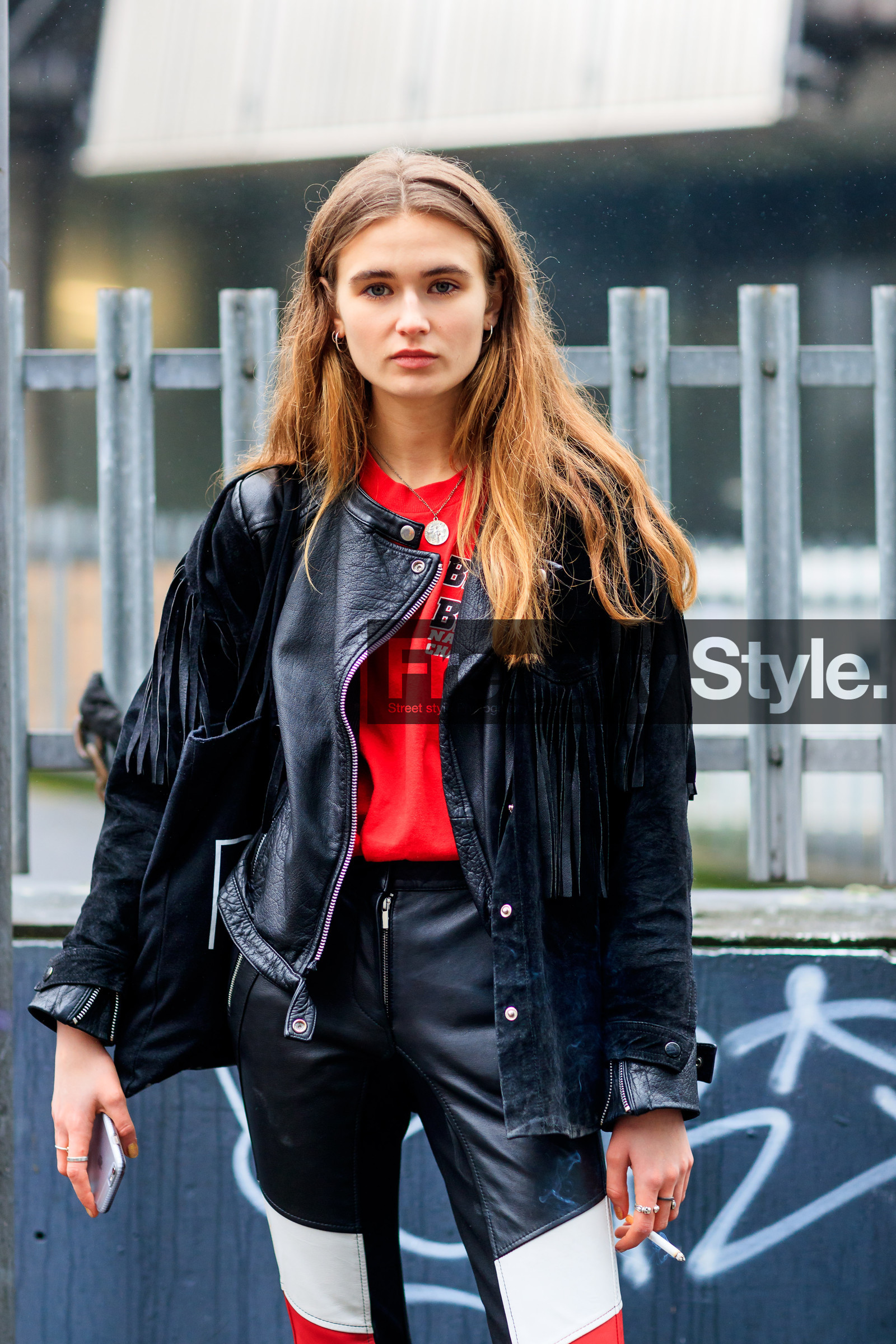 black bag, black jacket, black pants, graphic pants, leater pant, leather bag, leather jacket, leather pants, printed pants, red t shirt, trousers, street style, jonathan paciullo, FW, frenchystyle, fashion week, LFW, LONDON, AUTUMN WINTER 2018-2019, AW 18-19, FALL WINTER 2018-2019, FW 18-19, vertical, atmosphere details, detail, model, frankie mason