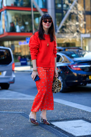 animal print, brown shoes, fur bag, graphic skirt, high heels, leather bag, leather shoes, leopard print, printed skirt, red skirt, red sweater, street style, jonathan paciullo, FW, frenchystyle, fashion week, LFW, LONDON, AUTUMN WINTER 2018-2019, AW 18-19, FALL WINTER 2018-2019, FW 18-19, vertical, full length, Kat Collings