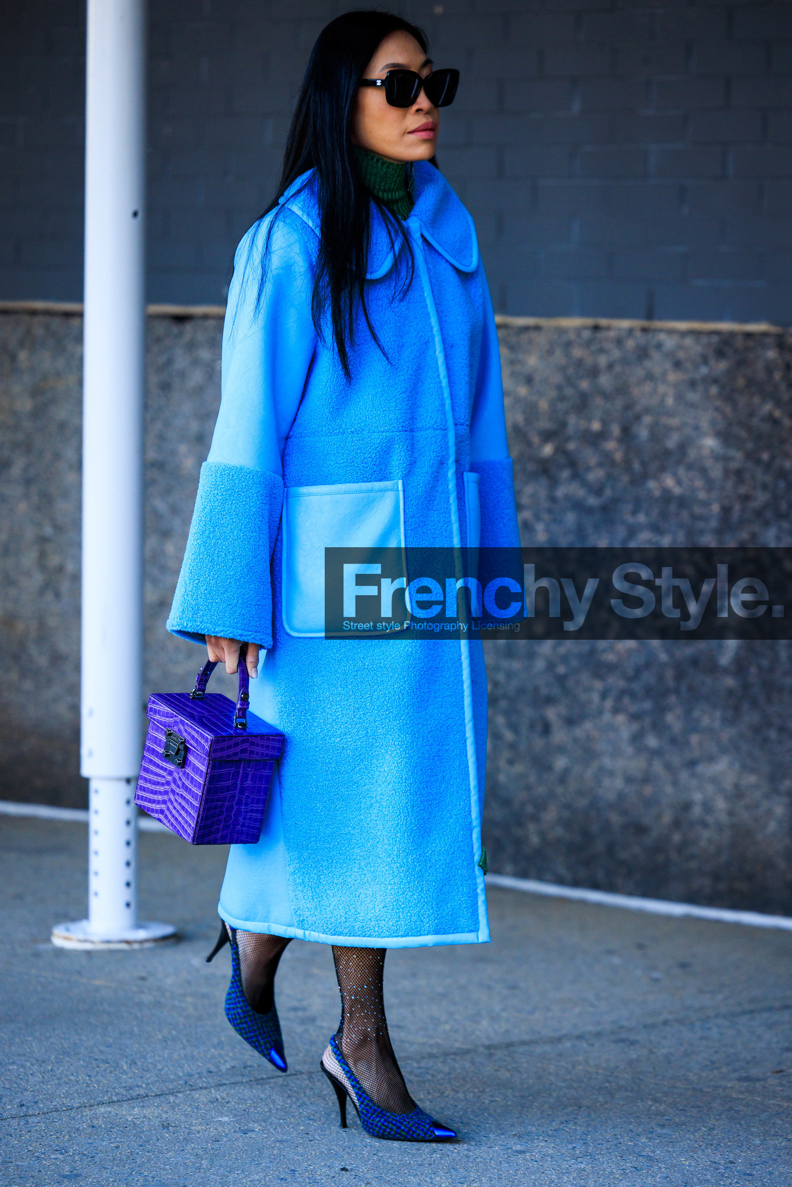 blue full look, blue coat, light blue coat, black sunglasses, blue slingback, tweed slingback, purple handbag, square bag, leather bag, fishnet stockings, Miki Cheung, street style, jonathan paciullo, FW, frenchystyle, fashion week, NYFW, NEW YORK, AUTUMN WINTER 2022-2023, FALL WINTER 2022_2023, FW 22-23, vertical, full length