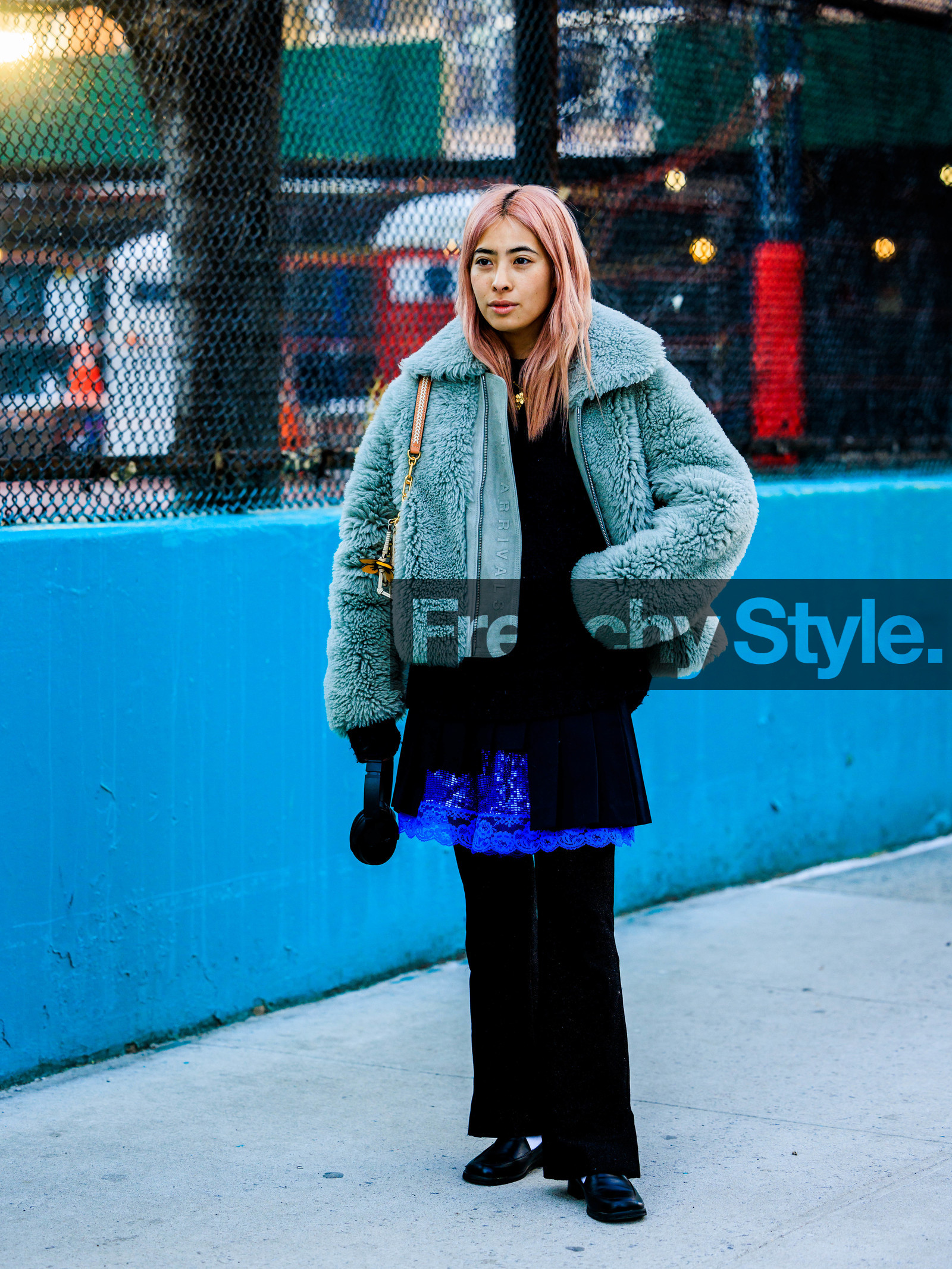 black pants, furry coat, blue coat, pink hair, dyed hair, fluffy coat, black derbies, leather derbies, black dress, lace skirt, blue lace details, pleated mini skirt, black jumper, the arrivals coat, fashion week, frenchystyle, FW, jonathan paciullo, street style, NYFW, NEW YORK, AUTUMN WINTER 2022-2023, FALL WINTER 2022_2023, FW 22-23, vertical, full length