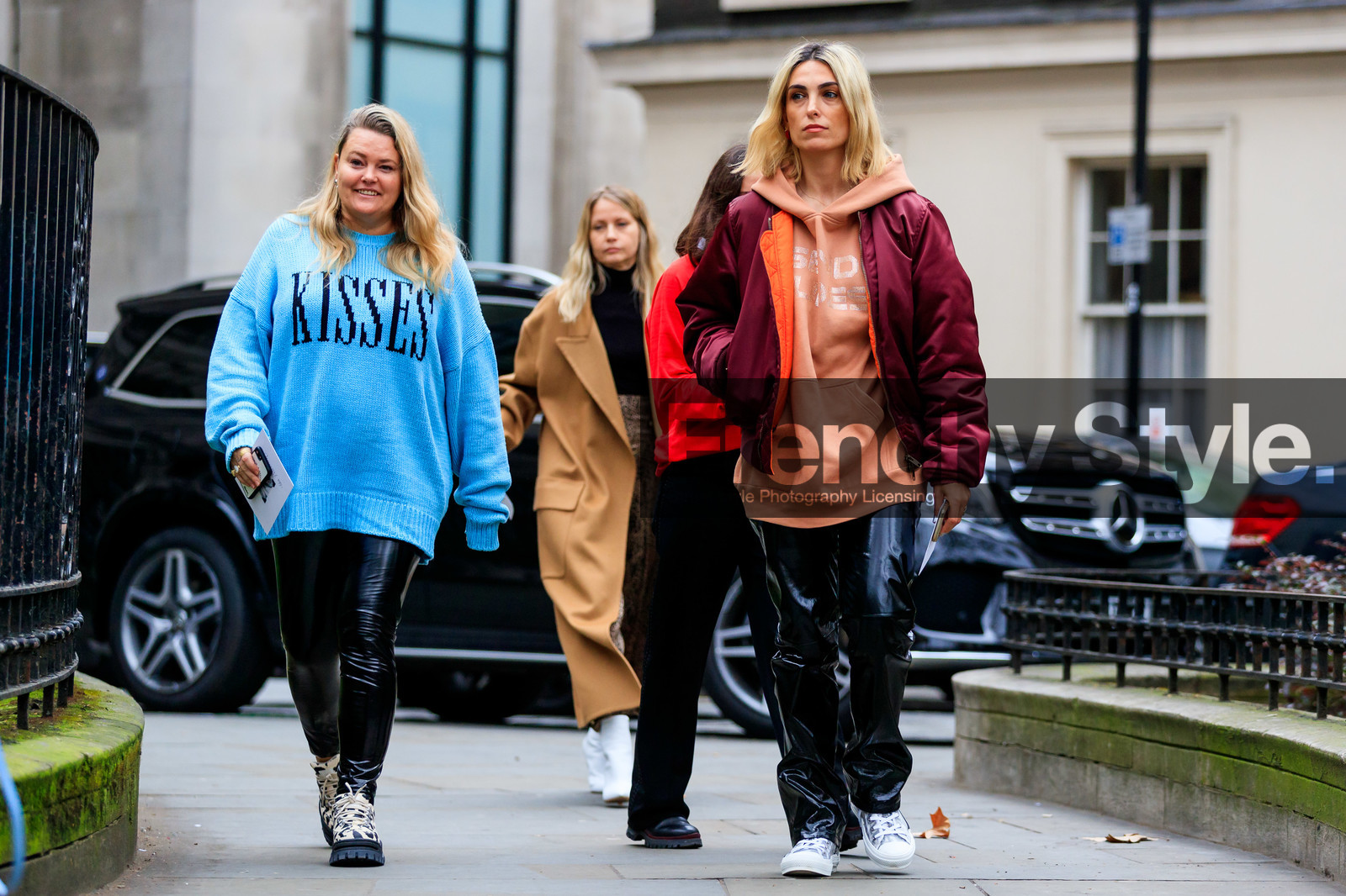 black pants, blue sweater, bomber jacket, bordeaux, burgundy, christian dior, hoodie, leather pants, leather shoes, pink sweater, printed sweater, red jacket, trousers, white sneakers, LONDON, LFW, fashion week, frenchystyle, FW, jonathan paciullo, street style, AUTUMN WINTER 2019-2020, AW 19-20, FW 19-20, FALL WINTER 2019-2020, horizontal, atmosphere details, full length