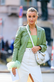 big chain earrings, golden earrings, dangling earrings, light green jacket, leather jacket, light green top, white denim skirt, long skirt, split skirt, white leather bag, crossbody bag, tods bag, ruffle blouse, fashion week, frenchystyle, FW, jonathan paciullo, street style, vertical, atmosphere details, detail, MFW, MILAN, SPRING SUMMER 2020, SS 20