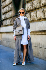 bow collar, caroline daur, chloe, denim coat, fashion week, frenchystyle, full length, FW, grey bag, grey coat, grey denim, jonathan paciullo, leather bag, leather shoes, long coat, PARIS, PFW, SPRING SUMMER 2017, SS 17, street style, sunglasses, vertical, white dress, white shoes