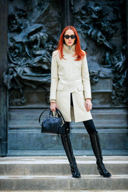 black bag, black leggings, black shoes, high boots, high heels, leather bag, leather coat, leather shoes, red head, sunglasses, white coat, street style, jonathan paciullo, FW, frenchystyle, fashion week, PFW, PARIS, AUTUMN WINTER 2018-2019, FALL WINTER 2018-2019, FW 18-19, vertical, full length, model, teddy quinlivan